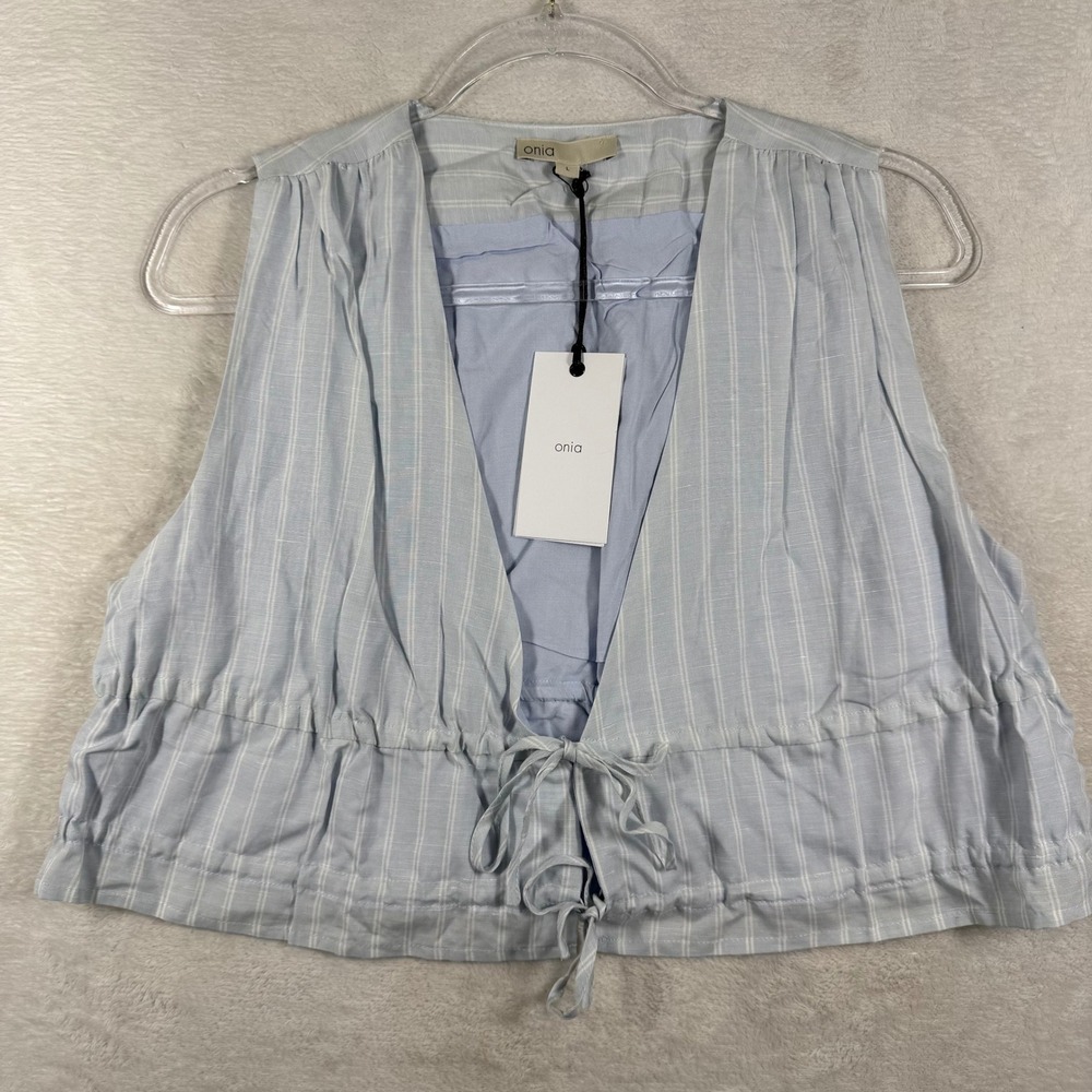 Onia Womens Tie Front Pinstripe Top Light Sky Blue Linen Blend WCT57-02OP Size L